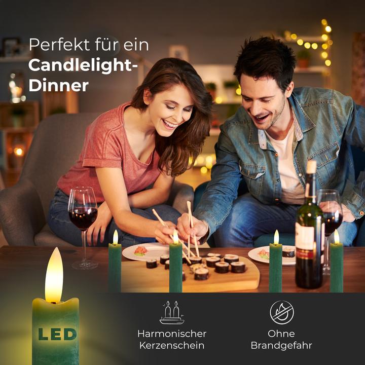 Produktbild Novaliv Stabkerzen LED mit Timer Grün 6 Stück indoor - 6 Stunden - ECHTWACHS 18cm Höhe für Kerzen 2,2cm (6x)