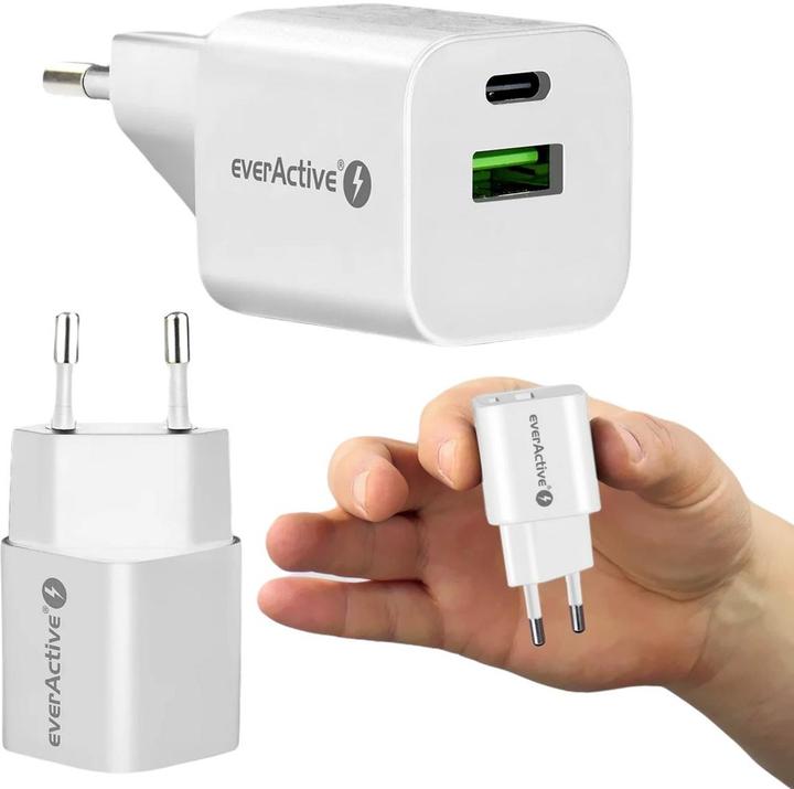 Produktbild Everactive USB/USB-C-Ladegerät QC3.0 30 W GaN-Technologie Weiss (30 W, 2 Ports)