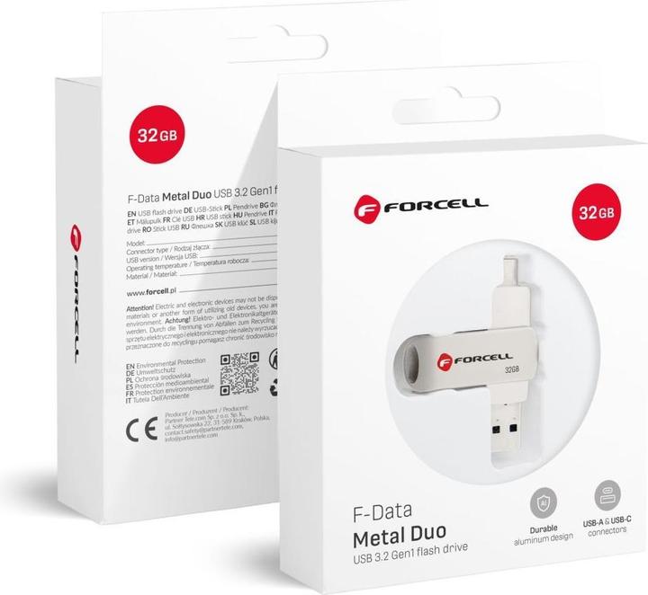 Forcell Memory cards F-DATA pendrive Metal Duo 32GB USB3.2 Gen 1 (USB A / Type C) silver (32 Go, USB-A, USB-C)