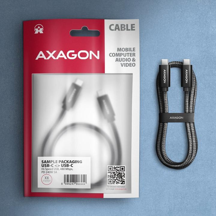 Produktbild Axagon BUCM2-CM25AB Ladekabel USB-C zu USB-C 2.0, 2,5 m, PD 240 W 5 A, ALU - Schwarz (2.50 m, USB 2.0, 240 W)