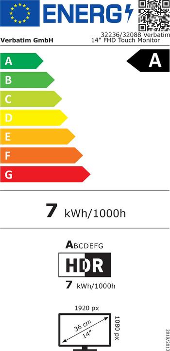 Label énergétique Verbatim Moniteur tactile portable 14" sans fil, banque d'alimentation incluse (1920 x 1080 pixels, 14")