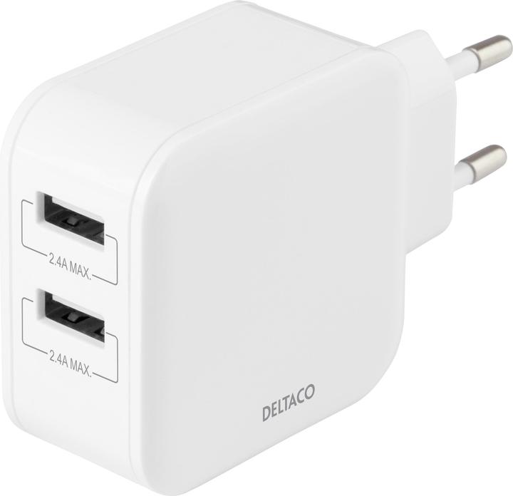 Actual product image Deltaco USB wall charger, 2x USB-A 2.4 A, total 24 W, white USB-AC175 (24 W)