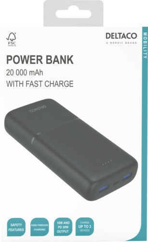 Immagine prodotto Deltaco Powerbank con ricarica rapida, 3 porte, 2x USB-A 18W, 1x USB-C PD 20W, 20.000 mAh nero (20000 mAh, 20 W)