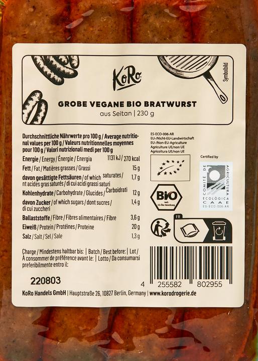 Nährwerte und Zutaten KoRo Veganes Bio-Erzeugnis nach Art einer Bratwurst, auf Basis von Seitan, grob (230 g)