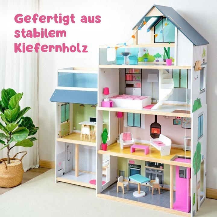 Actual product image Hermex 33-tlg. XXL Puppenhaus aus Holz Puppenvilla Spielhaus für Barbies