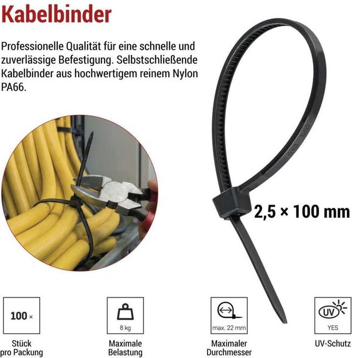 Produktbild Emos Kabelbinder 100×2,5, schwarz, 100 Stk (Kunststoffkabelbinder, 100 mm, 100 Stk.)