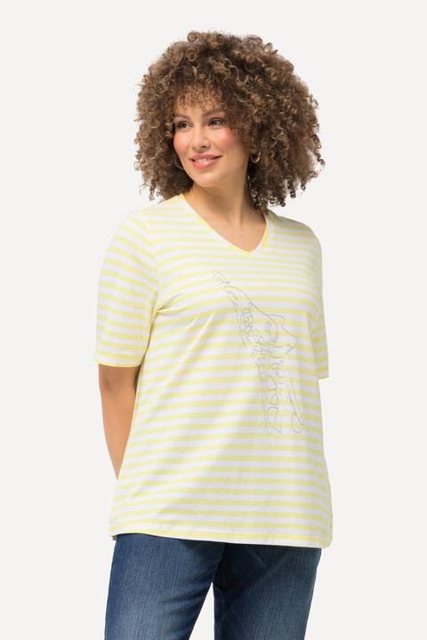 Image du produit Ulla Popken T-shirt à rayures avec animal métallique, col V et manches courtes (46, 48)