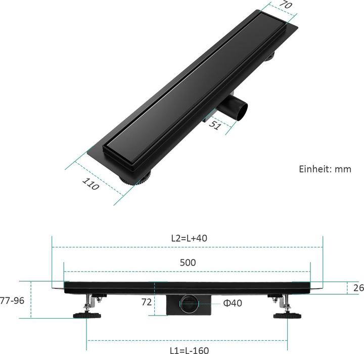 Produktbild Emke Duschrinne Edelstahl, Bodenablauf Komplettset Siphon mit Geruchsstop, Haarsieb, 500cm, Schwarz (500 mm)