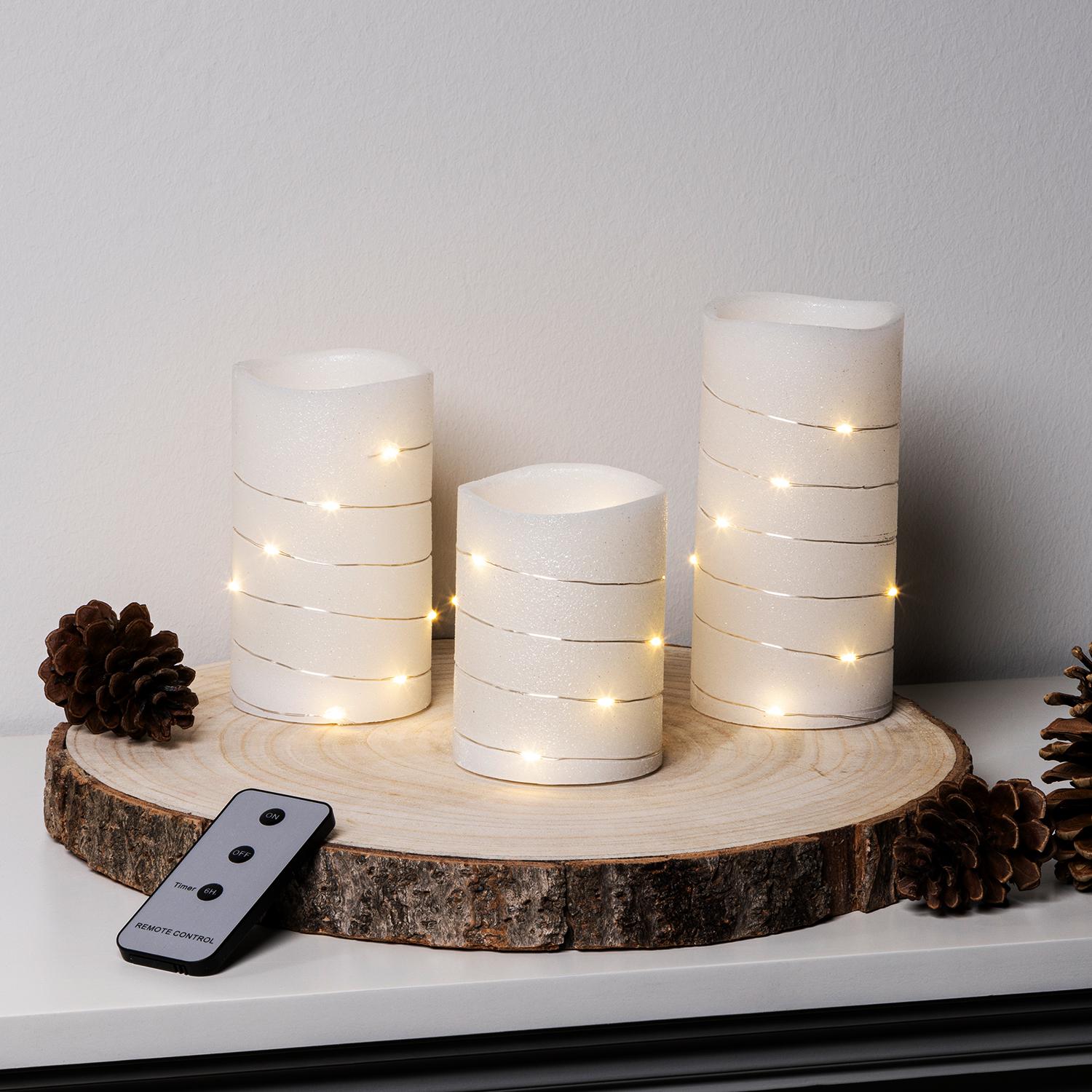 Mojawo, LED Kerzen, LED Echtwachs Kerzen Kerzenset Fernbedienung Timer Weiss H10/12/15cm (3 x)