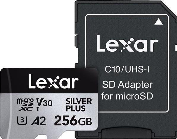 Actual product image Lexar Professional Silver Plus MicroSD/SD - 205MB/s - 256GB (256 GB, microSDXC, U3, UHS-I)