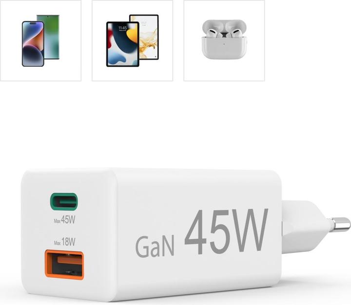 Image du produit Hama Chargeur rapide, 1x USB-C PD, 1x USB-A QC, mini-chargeur, 45 W, blanc (45 W)