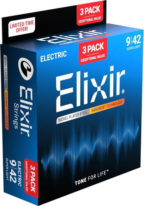 Elixir 16566 - Nikkelbelagt stl - Elektriske strenge - Nanoweb - Super Light (09-42) - 3-PAK (3x, Electric guitar, 0.02")