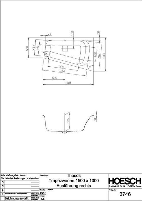 Image du produit Hoesch Baignoire trapézoïdale THASOS 1500x1000x490mm re we (200 l, 213 cm, 108 cm)