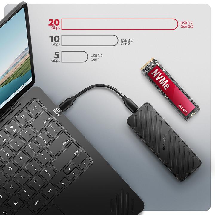 Actual product image Axagon EEM2-20G NVMe SSD enclosure, USB-C 3.2, 20 Gbps, 2230 - 2280 - black (M.2 2280, M.2 2230, M.2 2260, M.2 2242)