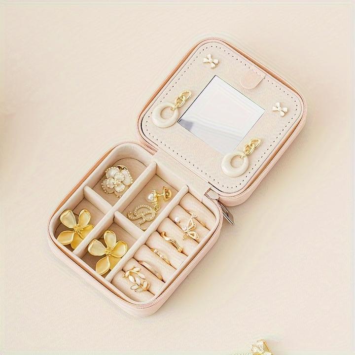 Actual product image Only-Bags.Store 1 Stück Mini-Reise-Schmuck-Organizer im klassischen Stil mit Spiegel, 3-lagiger Aufbewahrungskoffer