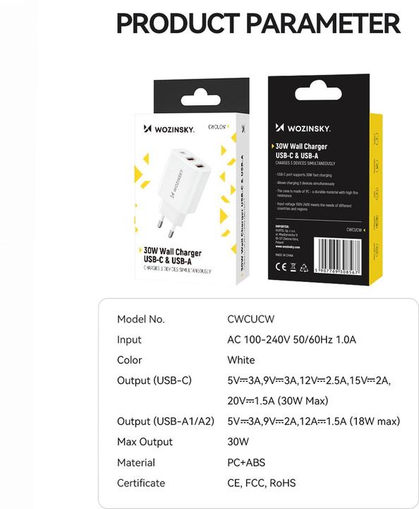 Actual product image Wozinsky CWCUCW 30W USB-C / 2 x USB-A wall charger - white (30 W)