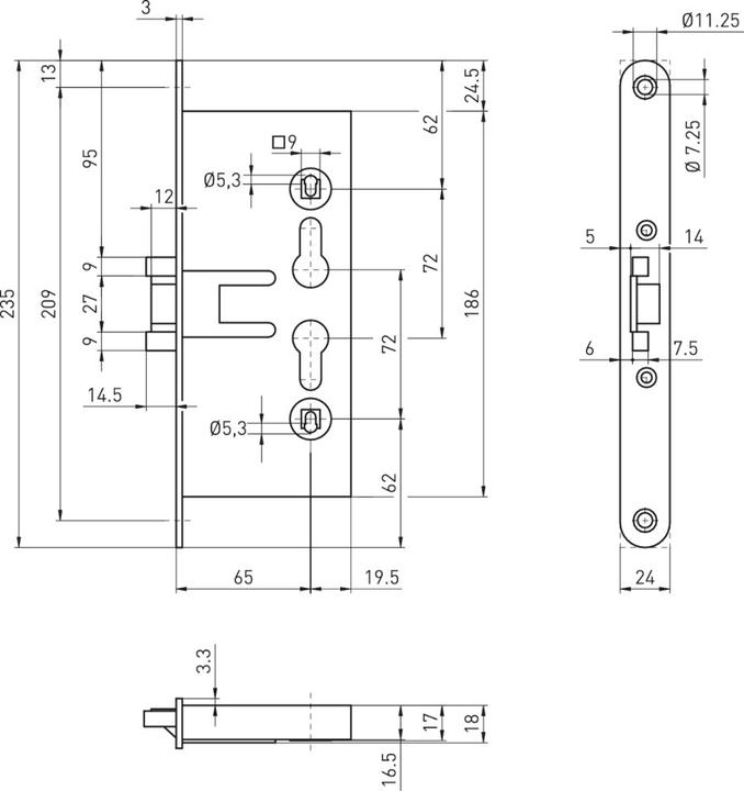 Actual product image BMH Escape door lock 1758, backset 65, galvanised steel