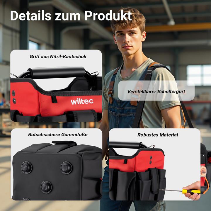 Produktbild Wiltec Werkzeugtasche 25,5x23x28cm Arbeitstasche 23 Fächer Werkzeug Tasche Gurt