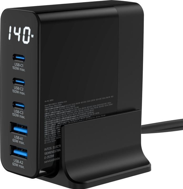 InLine USB PD Netzteil, GaN Ladegerät, 5-Port, USB-C + USB-A, 140W, mit Display, schwarz (140 W)