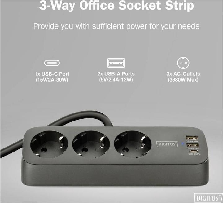 Actual product image Digitus 3-way office socket strip with 2x USB-A and 1x USB-C connections, black (3x, CEE 7/3, 1.50 m)