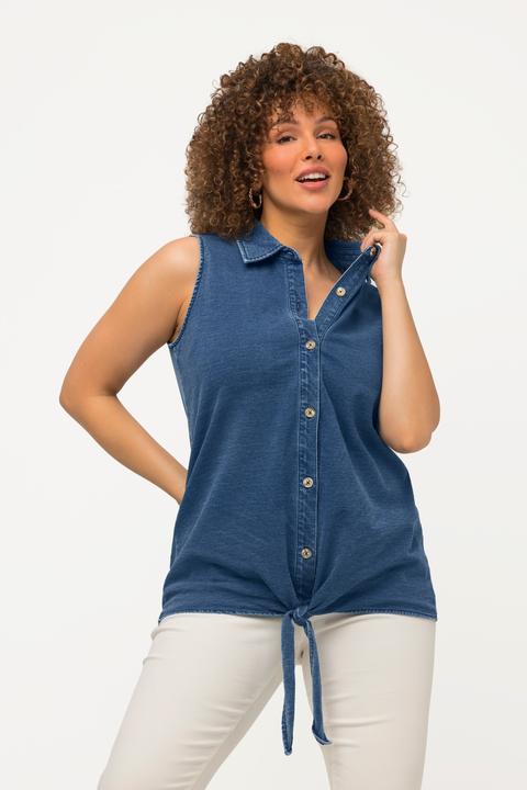 Immagine prodotto Ulla Popken Top smanicato di jersey con effetto jeans, orlo con nodo e collo da camicia (46, 48)