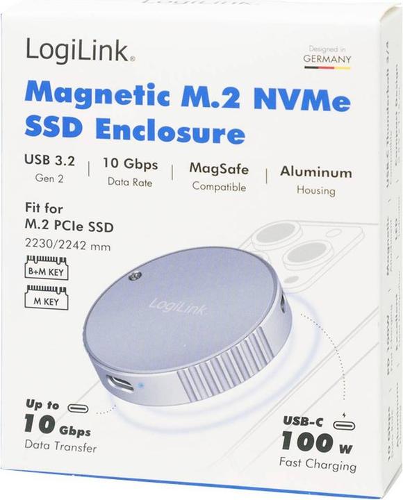 Actual product image LogiLink Magnetisches USB 3.2 Gen2 SSD-Gehäuse, 100 W PD, MagSafe-kompatibel, Spacegrau (M.2 2230, M.2 2242)