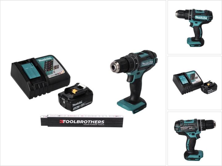 Makita Toolbrothers mètre pliant + DHP 482 RF1 perceuse-visseuse à percussion sans fil 18 V 62 Nm + 1x