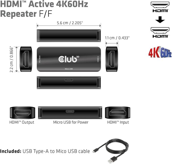 Actual product image Club 3D Club3D Repeater HDMI > HDMI 4K60Hz active Bu/Bu retail (0.06 m)