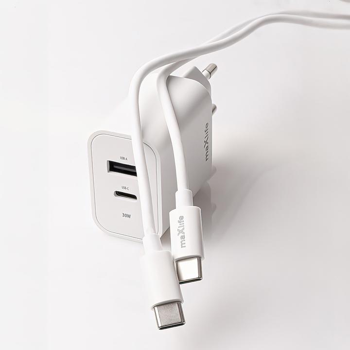 Immagine prodotto Maxlife MXTC-06 caricatore PD QC 1x USB-C 1x USB 30W bianco + cavo USB-C - USB-C 20W (30 W, 2 porte)