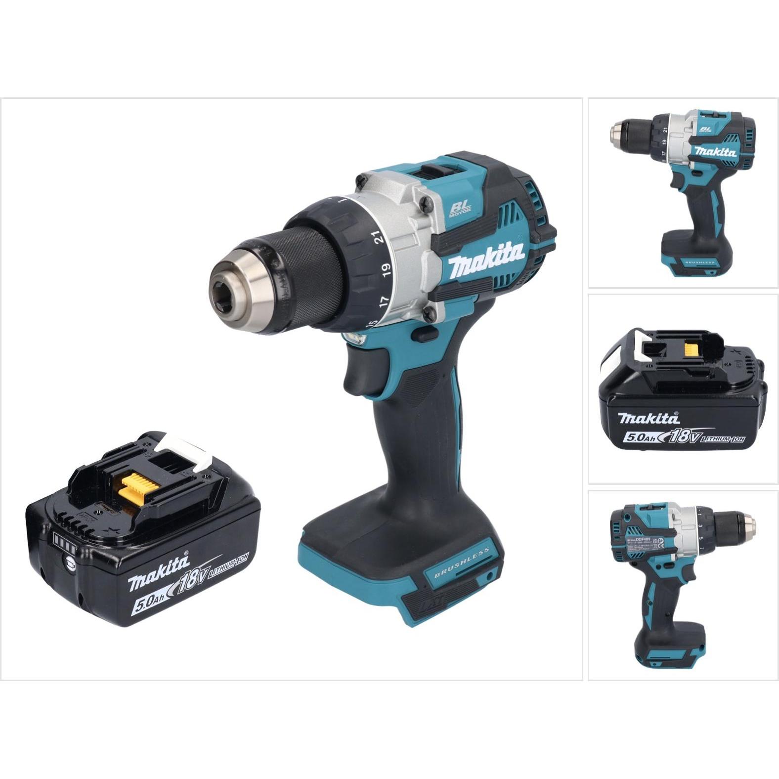 Makita, Bohrmaschine + Akkuschrauber, DDF 489 T1 Akku Bohrschrauber 18 V 73 Nm Brushless + 1x Akku 5,0 Ah - ohne Ladeger...