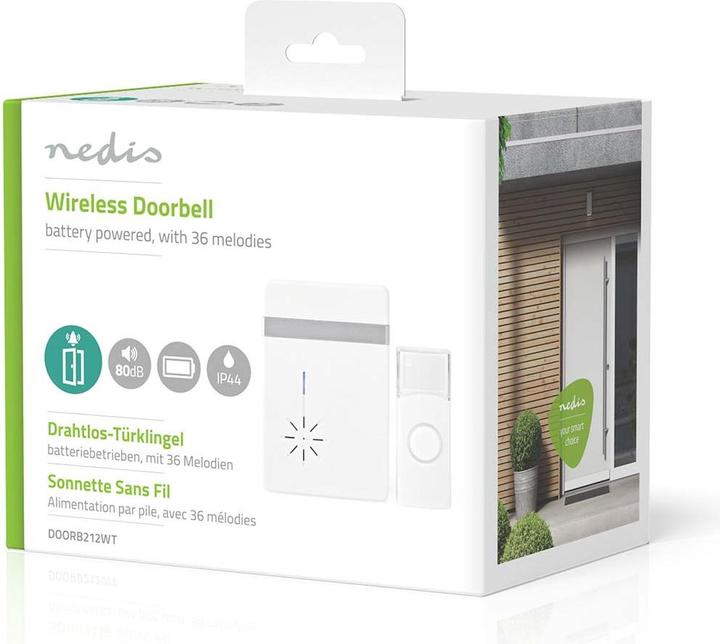 Actual product image Nedis Wireless Doorbell Set Battery Powered 3 V DC 1x CR2032 Volume: 80 dB Signal Range: 300 m IP44 (Funk)