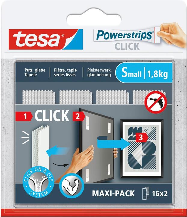 tesa Powerstrips CLICK - Velcro adhesive pads - Hanging pictures without drilling - Small 1.8kg - 16 x 2
