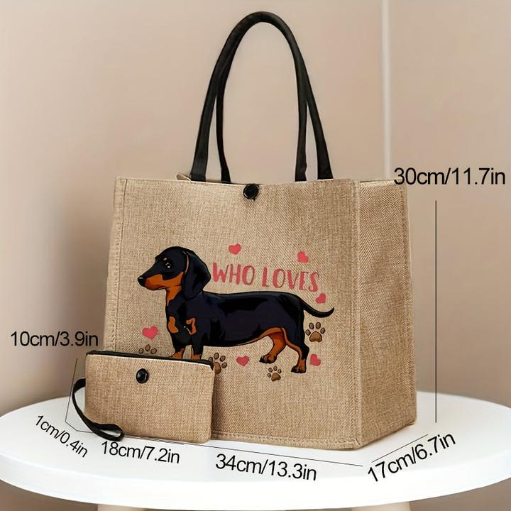 Immagine prodotto Only-Bags.Store 2 Stück Hundedruck Canvas Tote Bags - Leichte Reise- und Strandtaschen mit Schnallenverschluss