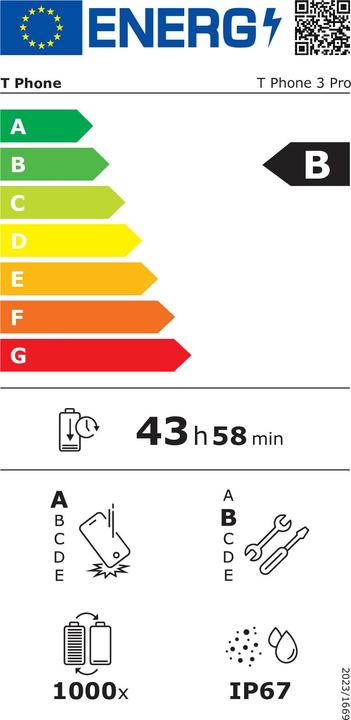 Etichetta energetica Telekom 3 Pro (256 GB, Grigio grafite, 6.80", eSIM, 5G)