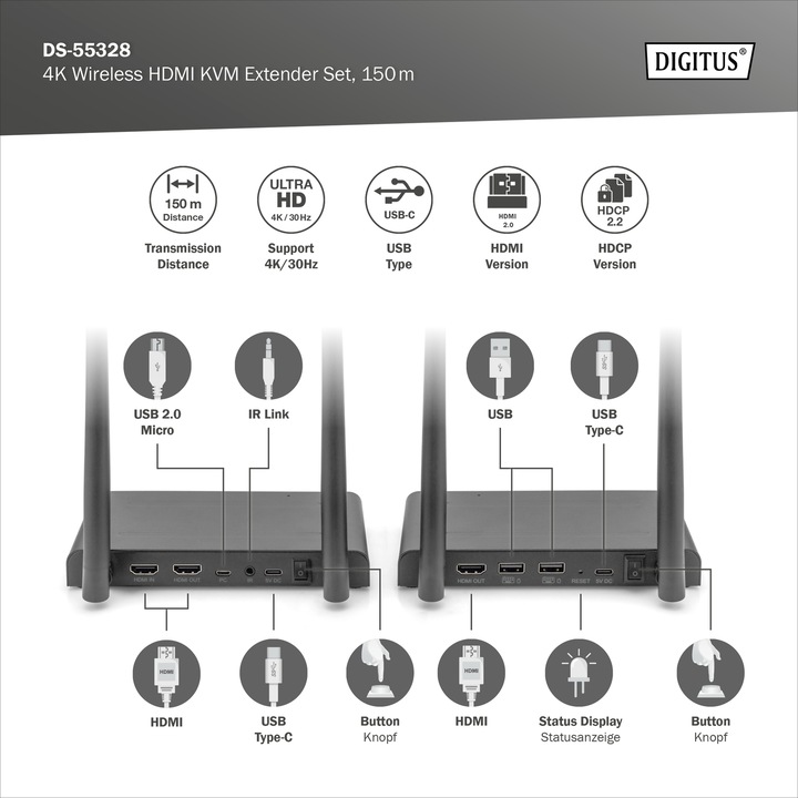 Produktbild Digitus 4K Wireless HDMI Extender/Splitter Set, 1x4 200 m, 1x TX, 1x RX