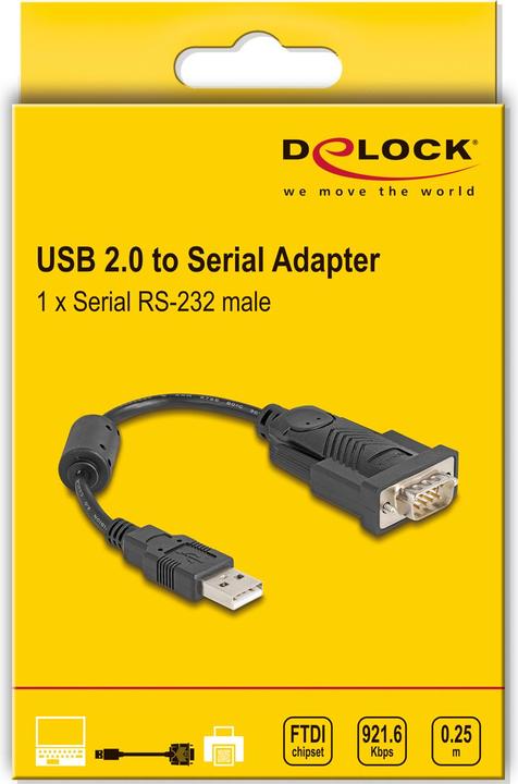 Image du produit Delock Adaptateur USB 2.0 type A vers 1 x série RS-232 D-Sub 9 broches mâle avec noyau en ferrite 0,25 m (0.25 m)