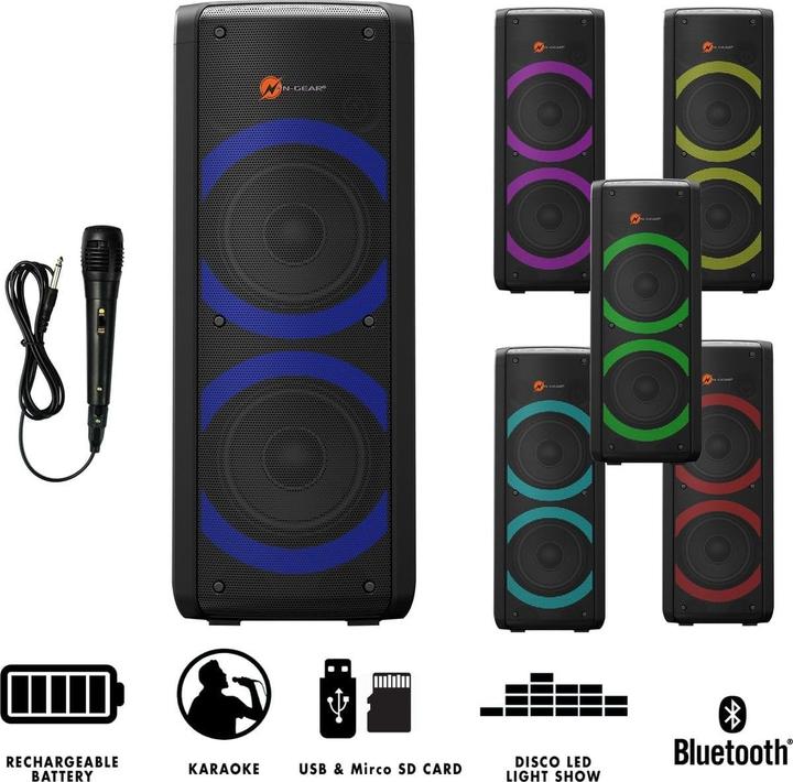 Produktbild N-Gear Let’s go Party Bluetooth Lautsprecher, Soundsystem mit Karaoke Mikrofon, Disco-LEDs (8 h)