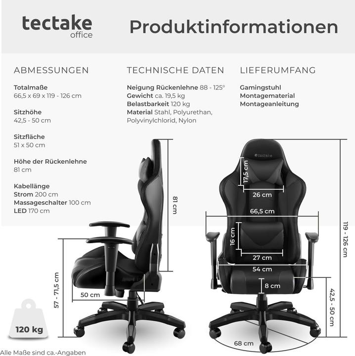 Produktbild tectake Gamingstuhl Tartaros, LED, Massagefunktion