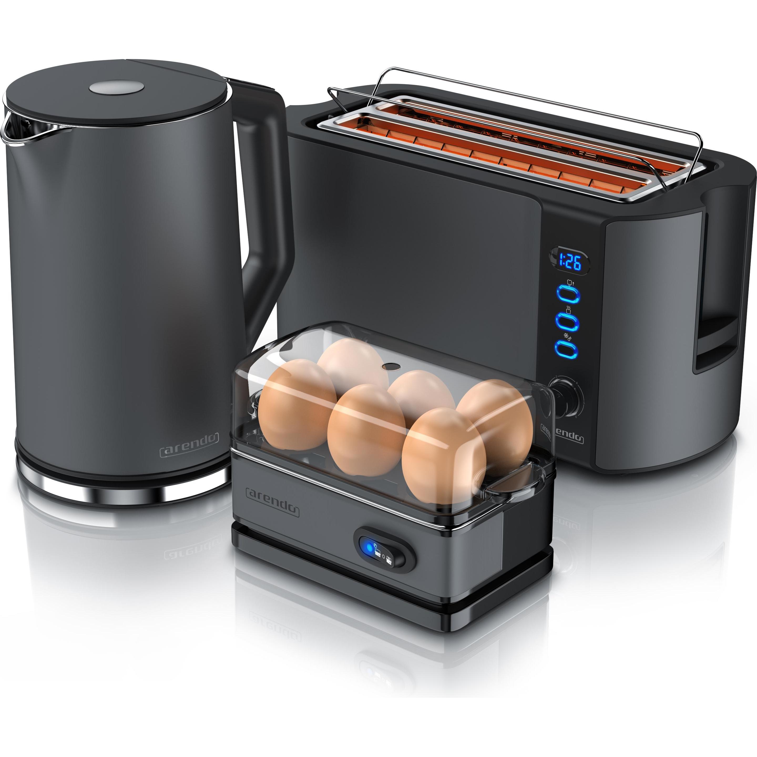 Thumbnail - Arendo Frühstücks Set, Wasserkocher 1,5l Temperaturwahl, 4 Scheiben Toaster & Eierkocher für 6 Eier, Grau, Toaster, Grau