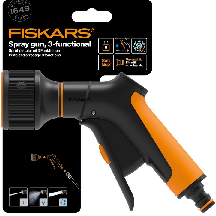 Image du produit Fiskars Pistolet pulvérisateur, 3 fonctions, Débit réglable en continu, Avec régulateur frontal et commande