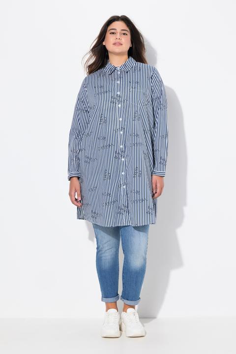 Produktbild Ulla Popken Longbluse, Streifen, Schriftmuster, Hemdkragen, Langarm (46, 48)