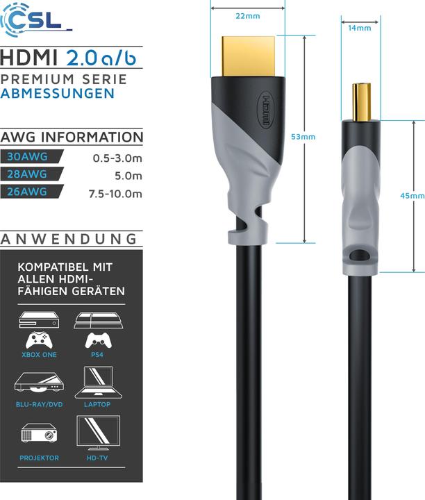 Actual product image CSL HDMI cable 2.0b - 4k Ultra HD 2160p - High Speed - 3D Ready - 3 x shielded - HDMI 2.0b 2.0a 2.0 (1 m, HDMI, 2.0b)
