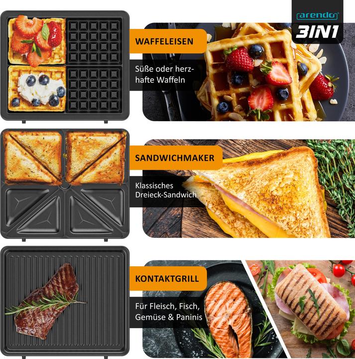 Image du produit Arendo 3-in-1-Sandwichmaker Waffeleisen & Kontaktgrill, abnehmbare Platten, 1400 W, Waffel & Grill, Panini