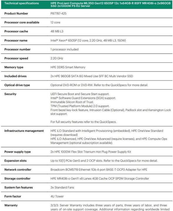 Nutritional values and ingredients HP HPE PL ML350g12 6505P (2.2/12C) 1x64G (P69728) 2x960G MR408i-o 8SFF 2x1000W 1GbE NBD333 Smart Choice (64 GB, Tower Server)