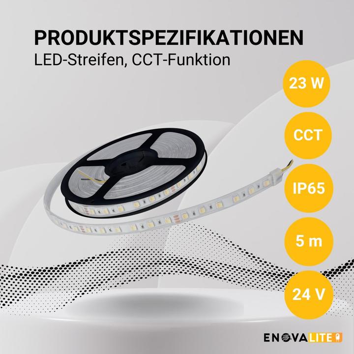 Produktbild Enovalite LED-Streifen mit CCT-Funktion, warm-, neutral-, und kaltweisses Licht (Warmweiss, 500 cm, Indoor)