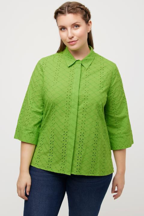 Actual product image Ulla Popken Eyelet Embroidered Cotton 3/4 Sleeve Blouse (50, 52)