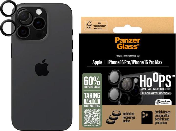 Immagine prodotto PanzerGlass Hoops Black Lens Protector iPhone '24 6.3" Pro/ 6.9" Pro (1 Pezzo/i, Apple iPhone 16 Pro Max, Apple iPhone 16 Pro)
