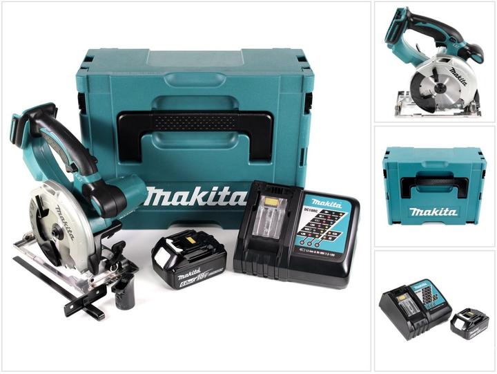 1x Makita DSS 501 18V Li-ion Akku Handkreissäge, 1x Makita DC18RC Schnellladegerät, 1x Makita BL 1860 6,0 Ah Akku, 1x Makpac 3 Systemkoffer, 1x passende Schaumstoffeinlage