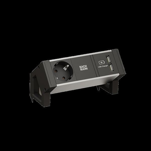 Actual product image Bachmann DESK2 ALU BLACK 1x earthing contact 1x USB charger GST18 (1 x, CEE 7/3)
