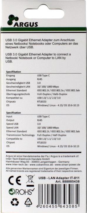 Actual product image Intertech Argus IT-811 Adapter USB Type C - GbitLAN (USB-C, RJ45 Gigabit Ethernet (1x))